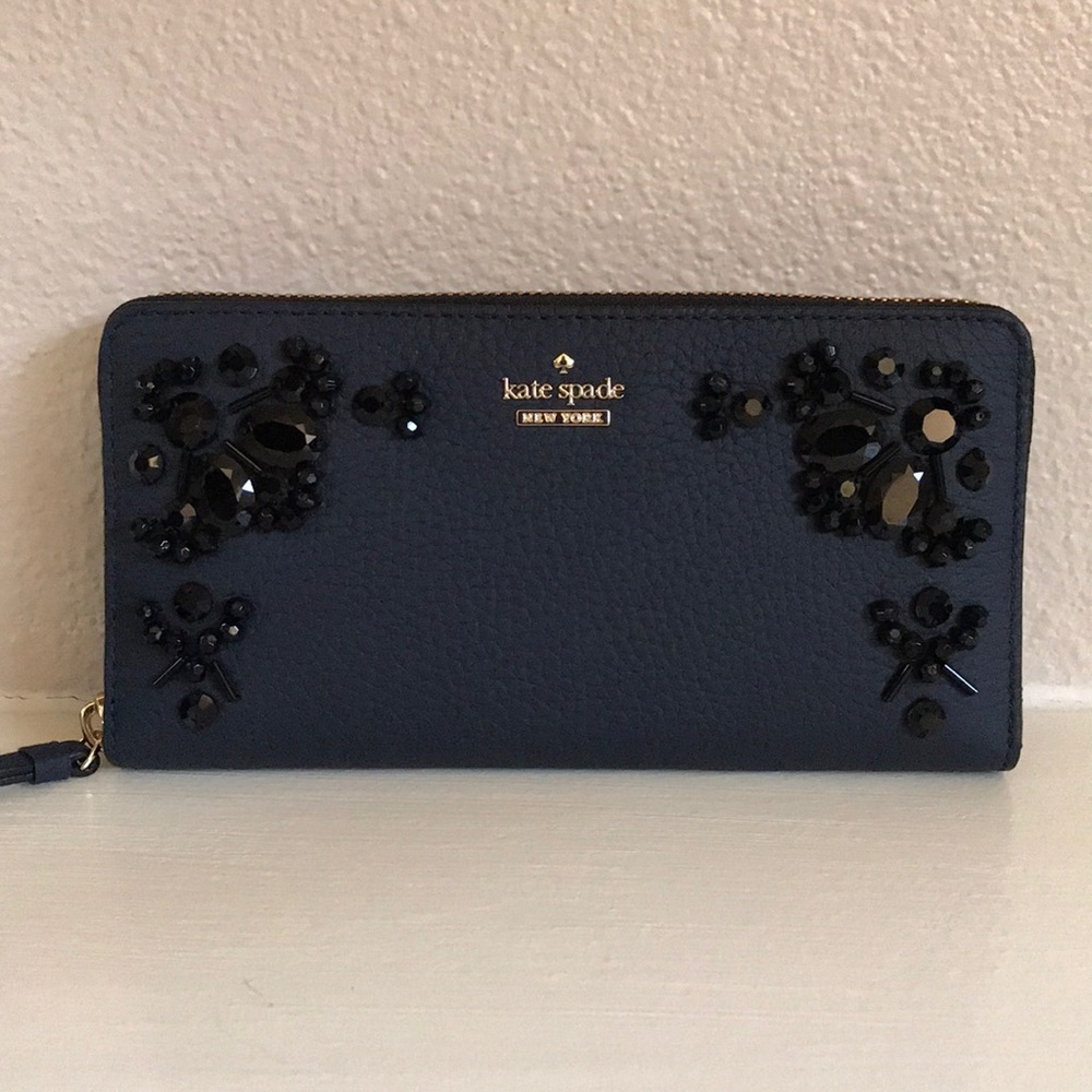 kate spade jeweled long wallet - navy blue
